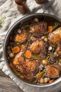 Homemade French Coq Au Vin Chicken with Veggies and Sauce